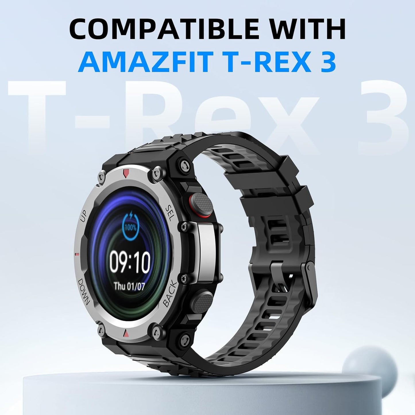 Sports Band Compatible with T-Rex 3 Smartwatch, Soft Silicone Adjustable Watch Band, Skin-Friendly Strap for T-Rex 3 with 1 Install Tool